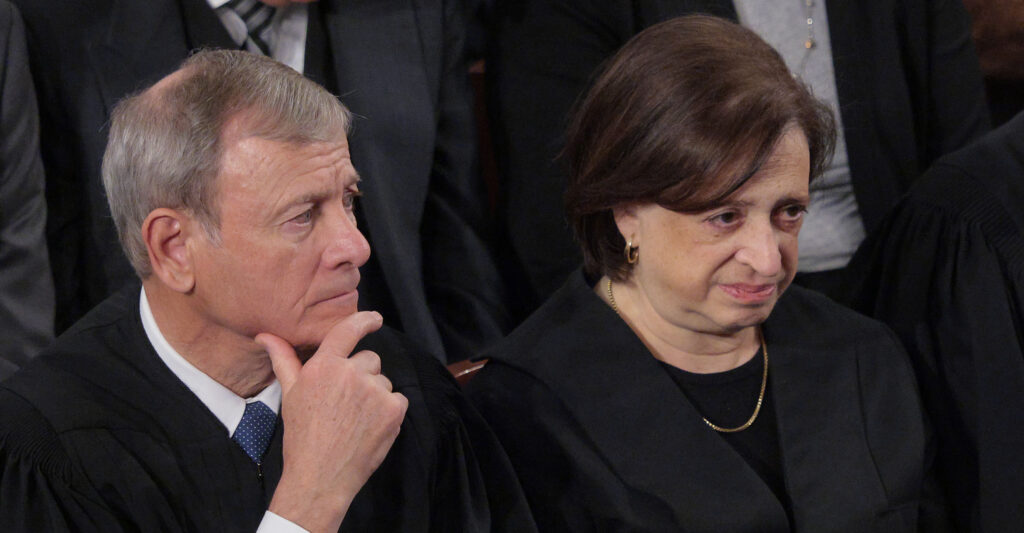 WASHINGTON, DC - FEBRUARY 24: Supreme Court Chief Justice John Roberts, and Associate Justice Elena Kagan attend the State of the Union address during a Joint Session of Congress at the U.S. Capitol on February 24, 2026, in Washington, DC. Trump delivered his address days after the Supreme Court struck down the administration's tariff strategy and amid a U.S. military buildup in the Persian Gulf threatening Iran. (Photo by Chip Somodevilla/Getty Images)