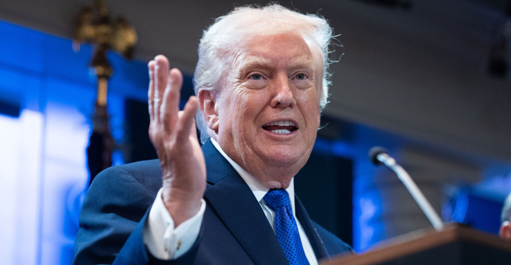 President Donald Trump speaks to reporters at a press conference.