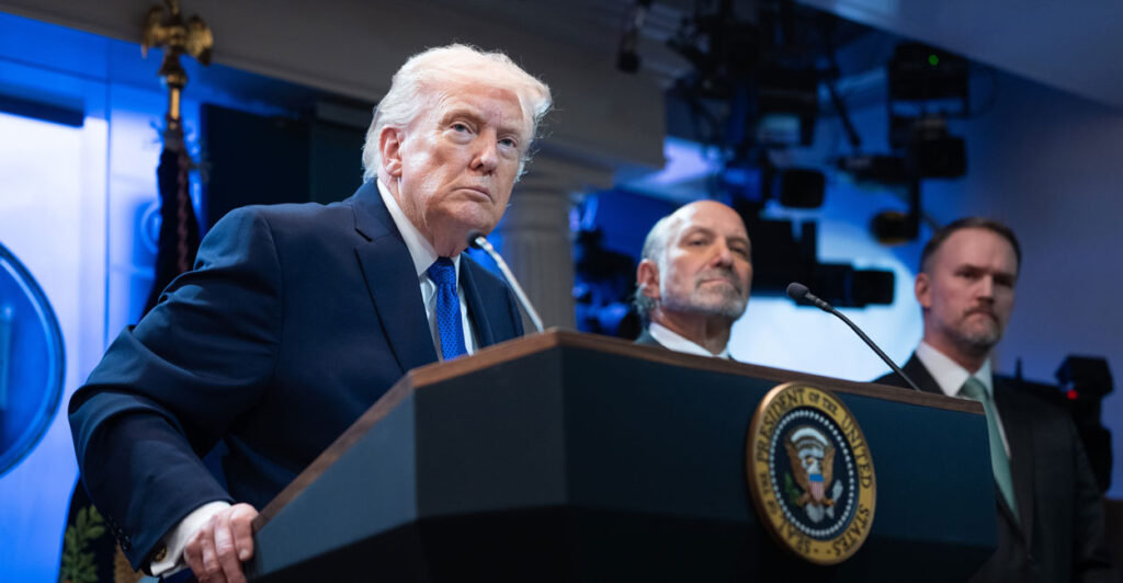 U.S. President Donald Trump answers questions during a press briefing held at the White House February 20, 2026 in Washington, DC.