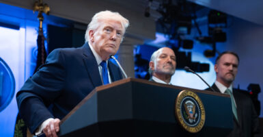 U.S. President Donald Trump answers questions during a press briefing held at the White House February 20, 2026 in Washington, DC.