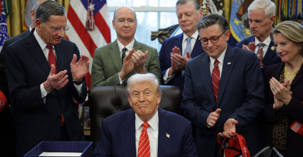 Senate Majority Whip John Barrasso (R-WY), U.S. President Donald Trump and Speaker of the House Mike Johnson (R-LA) attend a bill signing in the Oval Office of the White House on February 03, 2026