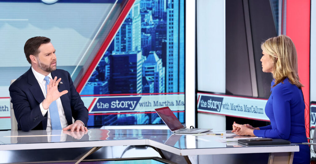 Vice President JD Vance and Martha MacCallum during and interview on FOX News Channel's "The Story With Martha MacCallum" at Fox News Channel Studios on February 17, 2026 in New York City.