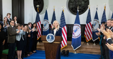 Virginia Gov. Abigail Spanberger gets a thumbs up after delivering the Democratic response to U.S. President Donald Trump's State of the Union address on February 24, 2026 in Williamsburg, Virginia.
