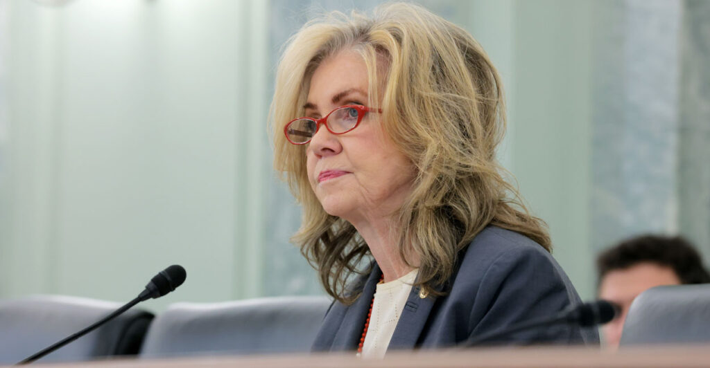 Close-up of Sen. Marsha Blackburn at a hearing