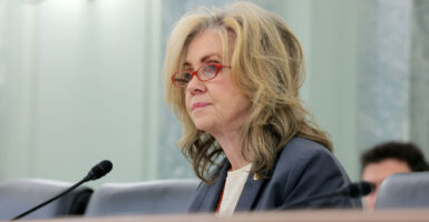 Close-up of Sen. Marsha Blackburn at a hearing