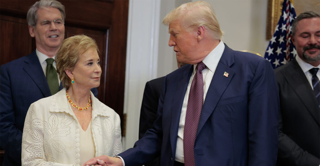 WASHINGTON, DC - JULY 31: U.S. President Donald Trump speaks with Secretary of Education Linda McMahon during an executive order signing ceremony in the Roosevelt Room of the White House on July 31, 2025 in Washington, DC. Trump signed a series of orders that will expand on his council on sports, fitness and nutrition, including by reviving the Presidential Fitness Test in public schools. (Photo by Anna Moneymaker/Getty Images)