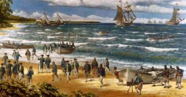 New Providence Raid, March 1776, oil painting on canvas by V. Zveg, 1973, depicting Continental Sailors and Marines landing on New Providence Island, Bahamas, on March 3, 1776. (U.S. Naval History and Heritage Command, public domain)
