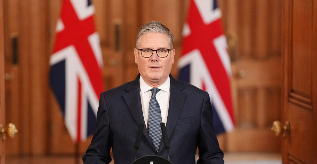 Britain's Prime Minister Keir Starmer speaks as he makes a statement from Downing Street in central London on February 28, 2026, following the US and Israel's strikes on Iran.