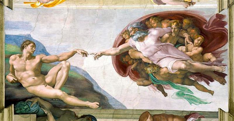 God and Man reach out to touch in the Creation of Adam from the Sistine Chapel ceiling by Michelangelo Buonarroti.