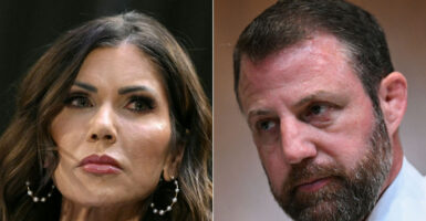 Side-by-side close-up photos of Kristi Noem and Sen. Markwayne Mullin.