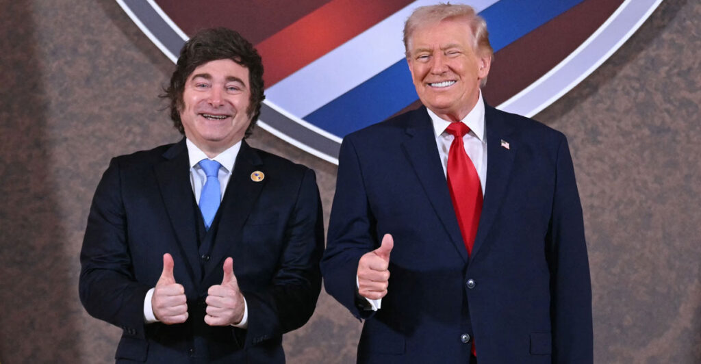 US President Donald Trump and Argentina's President Javier Milei (L) pose for a photo at the beginning of the "Shield of the Americas" Summit at Trump National Doral in Miami, Florida, March 7, 2026. President Trump is hosting a dozen right-wing leaders from Latin America and the Caribbean to discuss issues facing the region, from organized crime to illegal immigration. The summit also aims to serve Washington by boosting US interests in the region and curbing those from foreign powers like China. (Photo by SAUL LOEB / AFP via Getty Images)