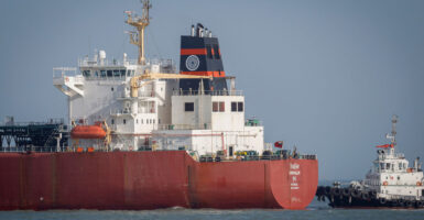 A coastguard boat approaches an Indian liquefied petroleum gas (LPG) carrier, Shivalik, as it arrives in port.