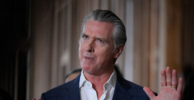 Governor Gavin Newsom criticizes U.S. President Donald Trump’s decision to strike Iran during a press conference about new statewide accountability and funding for homelessness and mental health in Hayward, California, United States, on March 2, 2026. (Photo by Tayfun Coskun/Anadolu via Getty Images)