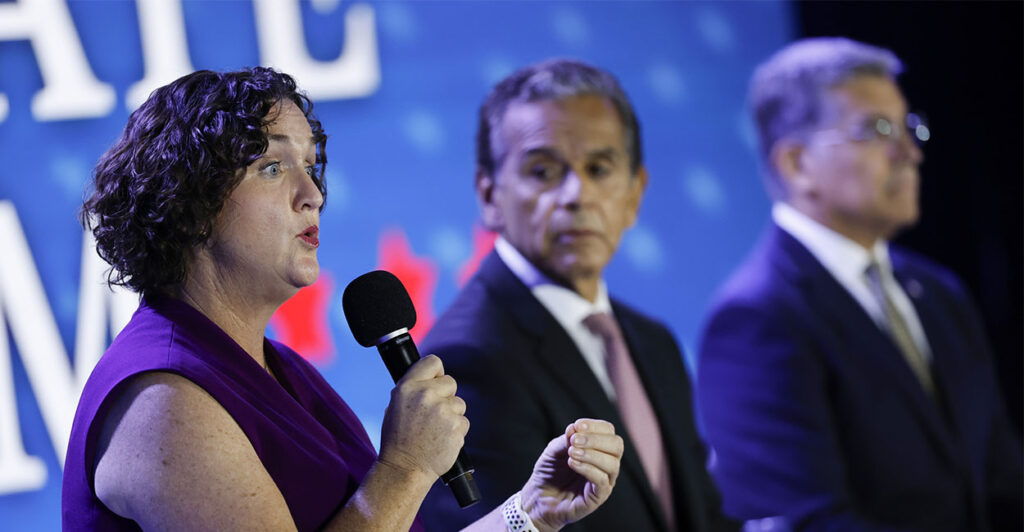 Former Congressmember Katie Porter speaks at the NUHW Governor Candidate Forum at the Hyatt Regency Los Angeles International Airport on Sunday, Sept. 28, 2025 in Los Angeles, CA. (Carlin Stiehl / Los Angeles Times via Getty Images)