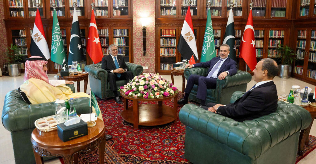 Foreign Ministers Badr Abdelatty of Egypt, Prince Faisal bin Farhan Al Saud of Saudi Arabia, Ishaq Dar of Pakistan and Hakan Fidan of Turkey meet to discuss regional de-escalation, amid the U.S.-Israel conflict with Iran, in Islamabad, Pakistan, March 29, 2026.