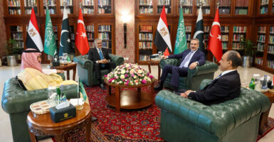 Foreign Ministers Badr Abdelatty of Egypt, Prince Faisal bin Farhan Al Saud of Saudi Arabia, Ishaq Dar of Pakistan and Hakan Fidan of Turkey meet to discuss regional de-escalation, amid the U.S.-Israel conflict with Iran, in Islamabad, Pakistan, March 29, 2026.