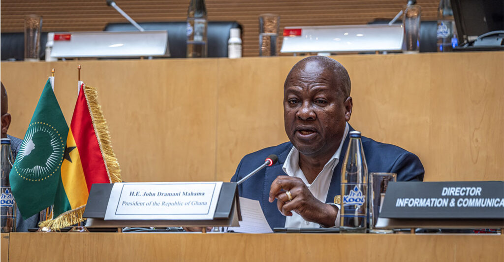 John Dramani Mahama, President of the Republic of Ghana, addresses a press conference on the theme "Ancestral Debt, Modern Justice: Africa's Unified Case for Reparations" during the 39th Ordinary Session of the Assembly of the African Union at the AU Headquarters in Addis Ababa on February 15, 2026. (Photo by Marco Simoncelli / AFP via Getty Images)