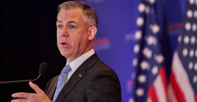 Sen. Jim Banks speaks at the National Conservatism Conference in Washington D.C., Sept. 3, 2025. (Photo by Dominic Gwinn / Middle East Images via AFP) (Photo by DOMINIC GWINN/Middle East Images/AFP via Getty Images)