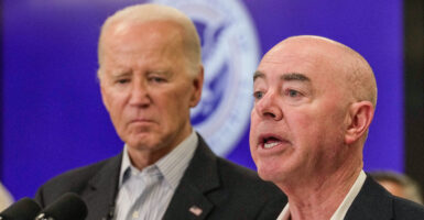 BROWNSVILLE, TEXAS - FEBRUARY 29: Secretary of Homeland Security Alejandro N. Mayorkas speaks at a press conference alongside the United States President Joe Biden after a visit to the Texas border to remark on immigration reform on Thursday, Feb. 29, 2024, in Brownsville. (Raquel Natalicchio/Houston Chronicle via Getty Images)