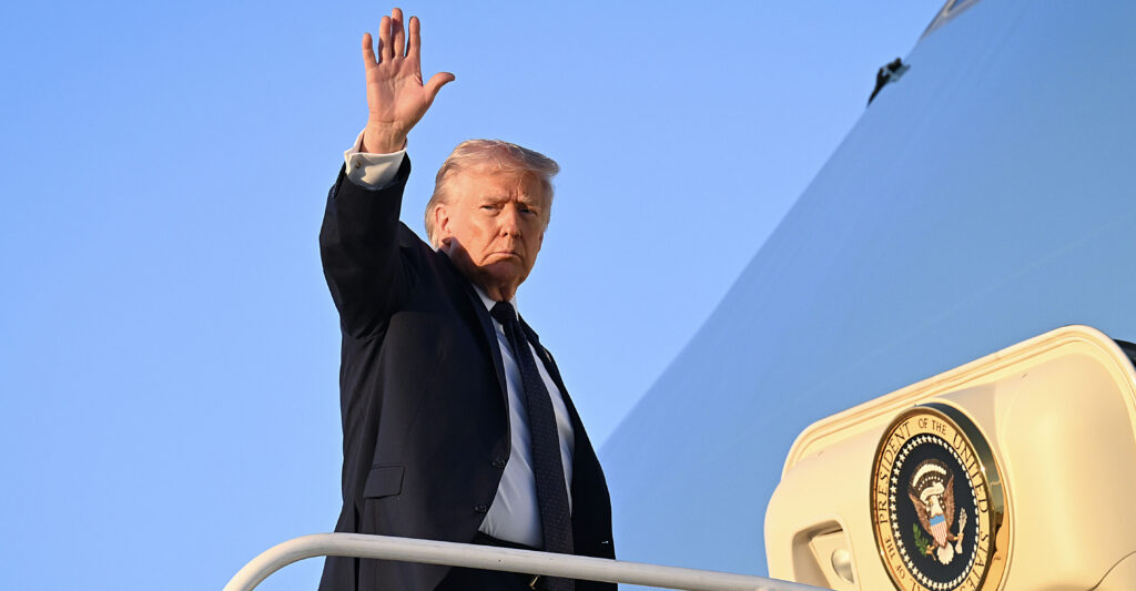 MIAMI, FLORIDA - MARCH 09: U.S. President Donald Trump boards Air Force One at Miami International Airport on March 09, 2026 in Miami, Florida. Trump was returning to Washington after meeting with House Republicans at his Doral resort to hash out the party's economic and foreign policy message ahead of the midterm elections. (Photo by Roberto Schmidt/Getty Images)