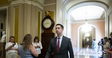 Sen. Tom Cotton walking past a clock.