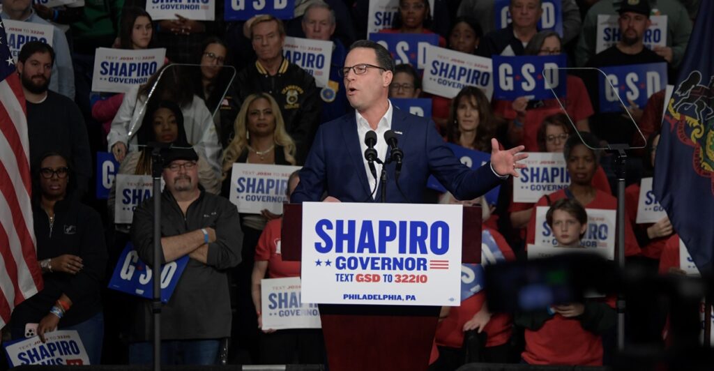 Pennsylvania Gov. Josh Shapiro speaking to supporters from a podium.
