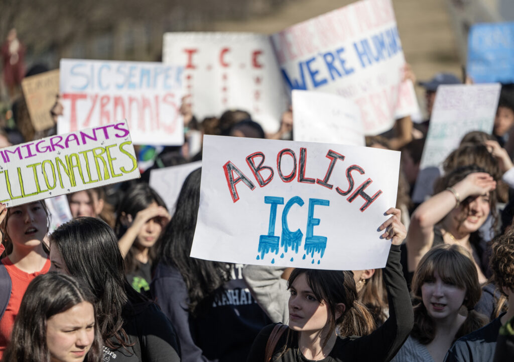 High school students rally at an ICE protest in Washington, DC, on February 27, 2026.