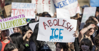 High school students rally at an ICE protest in Washington, DC, on February 27, 2026.