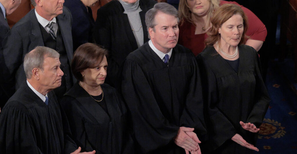 Supreme Court Chief Justice John Roberts and Associate Justices Elena Kagan, Brett Kavanaugh and Amy Coney Barrett.