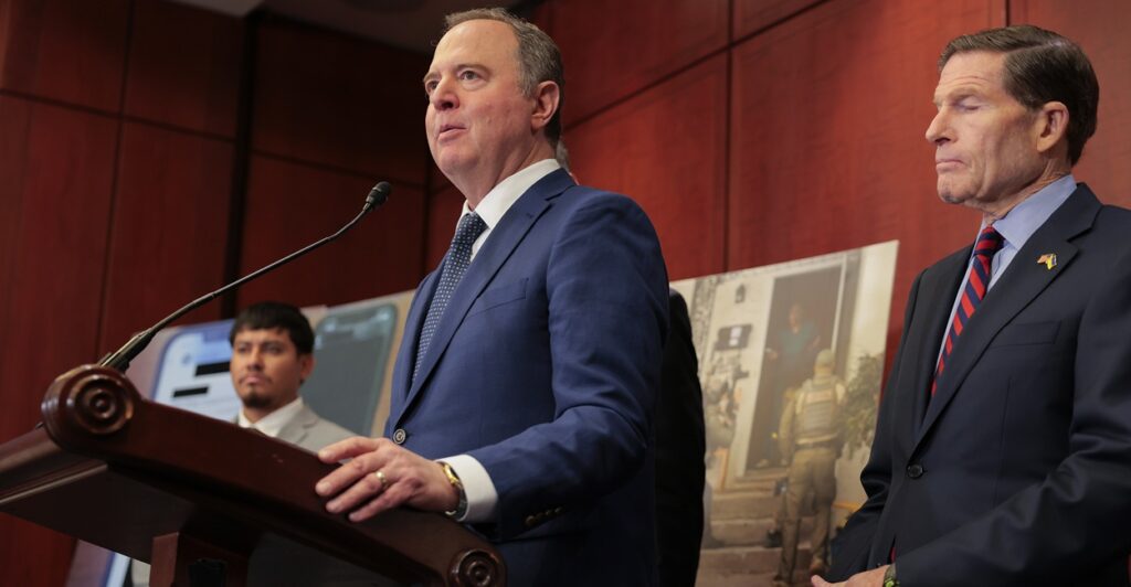 Sen. Adam Schiff at a podium.