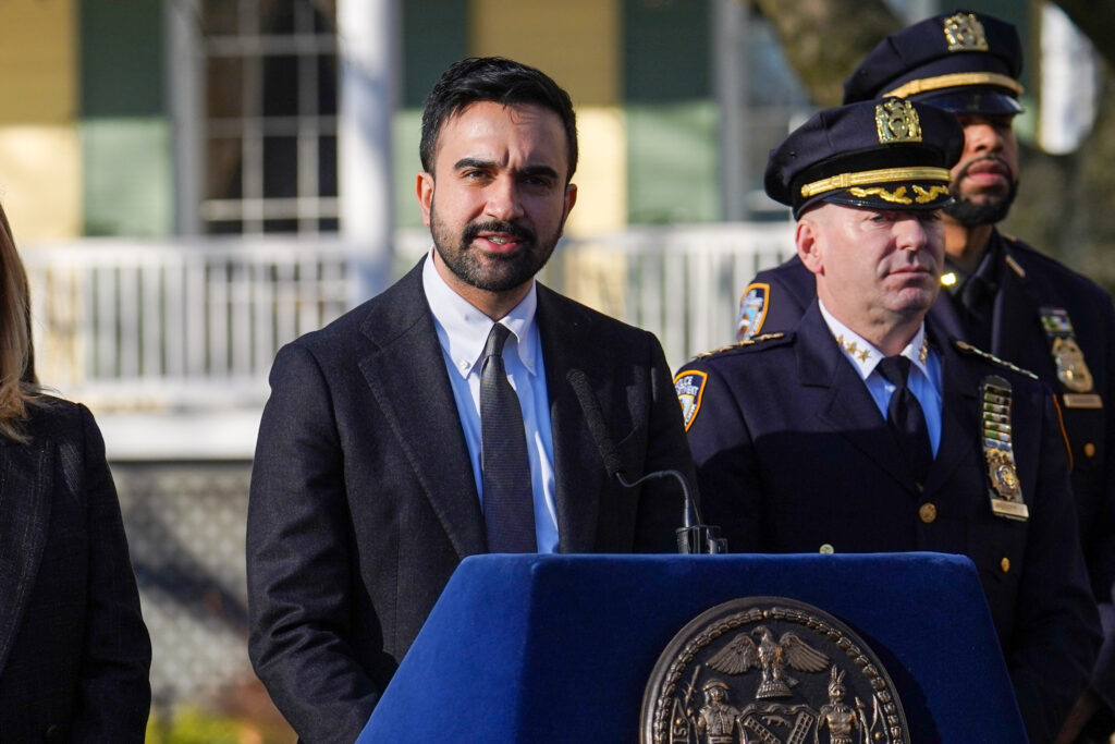 Zohran Mamdani speaks to the media.