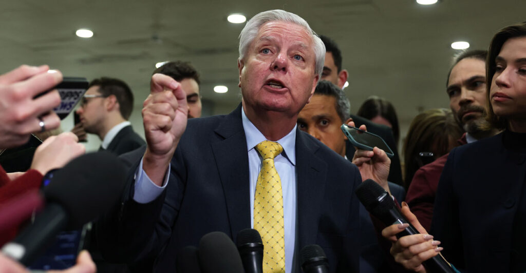 U.S. Sen. Lindsey Graham (R-SC) speaks to members of the media as the Trump Cabinet briefs members of Congress on Iran at the U.S. Capitol on March 3, 2026 in Washington, DC.