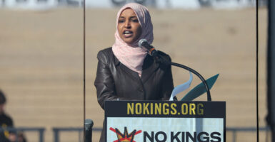 Rep. Ilhan Omar speaks onstage at No Kings Rally on March 28, 2026 in St. Paul, Minnesota.