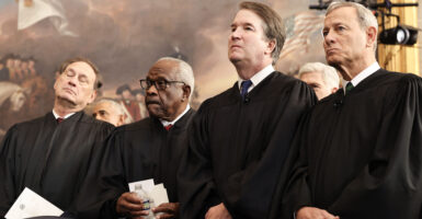 (From L-R) US Associate Supreme Court Justices Samuel Alito, Jr., Clarence Thomas and Brett Kavanaugh and U.S. Supreme Court Chief Justice John Roberts look on during inauguration ceremonies in the Rotunda of the U.S. Capitol on January 20, 2025 in Washington, DC. Donald Trump takes office for his second term as the 47th president of the United States. (Photo by Chip Somodevilla / POOL / AFP via Getty Images)
