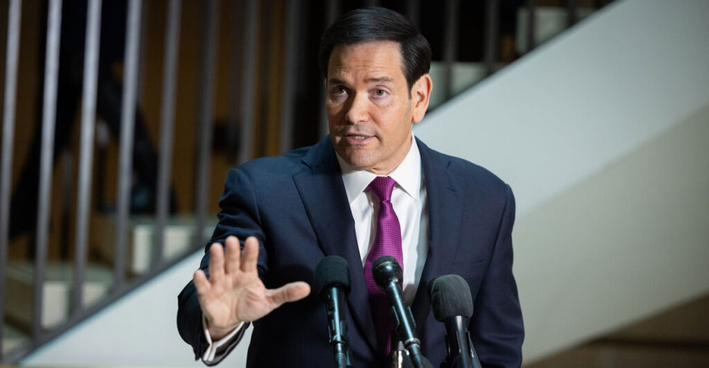 Marco Rubio speaks to reporters before a briefing on Iran.