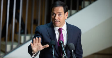 Marco Rubio speaks to reporters before a briefing on Iran.
