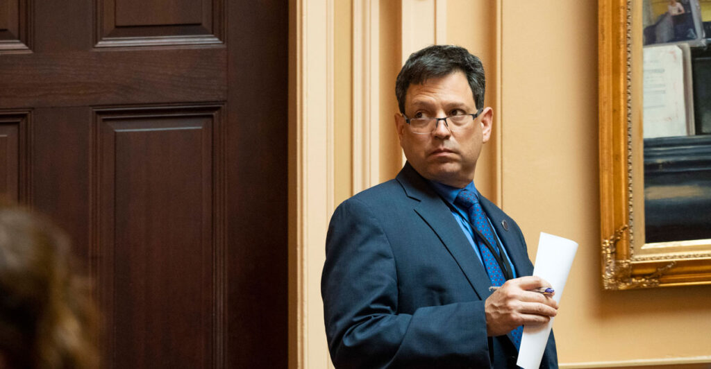 Sen. Scott Surovell (D-Fairfax) on March 8, 2024 on the Senate floor at the Virginia State Capitol in Richmond, Va.