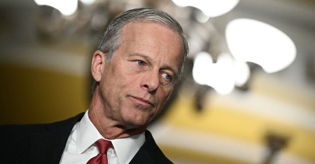 Thune speaks to reporters at a Senate press conference.