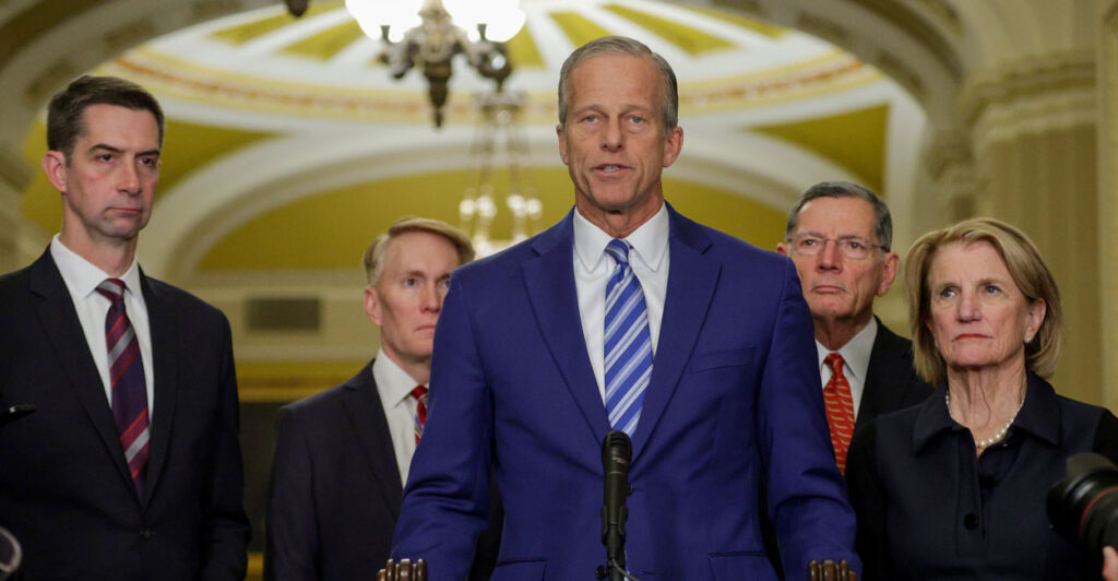 U.S. Senate Majority Leader Sen. John Thune (R-SD) (C) speaks as (L-R) Sen. Tom Cotton (R-AR), Sen. James Lankford (R-OK), Senate Majority Whip Sen. John Barrasso (R-WY) and Sen. Shelley Moore Capito (R-WV) listen during a news briefing.