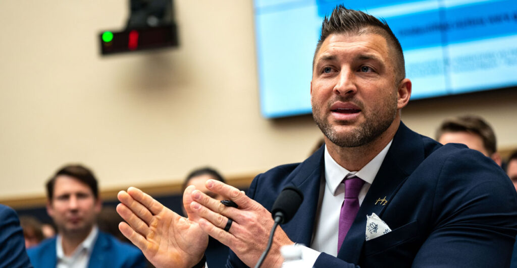 Tim Tebow testifies before the House Judiciary Subcommittee on Crime and Federal Government Surveillance on Capitol Hill on March, 6 2024 in Washington, DC.