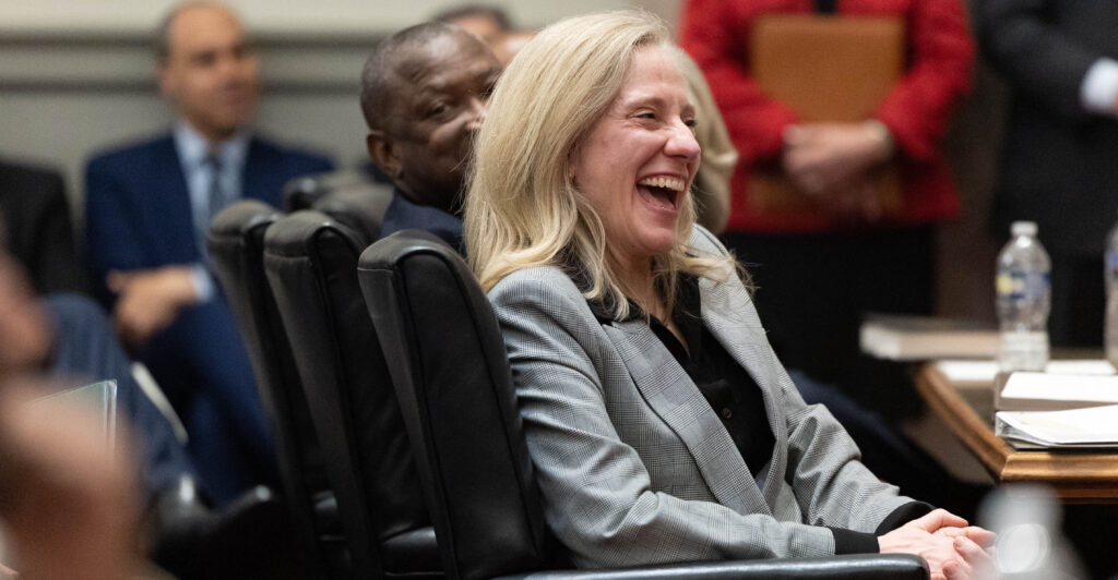 RICHMOND, VIRGINIA - MARCH 02: Gov. Abigail Spanberger laughs during the investiture ceremony of Chief Justice Cleo E. Powell in the chamber of the Supreme Court of Virginia, on March 2, 2026 in Richmond, Virginia. Powell is the first African-American woman Chief Justice of the Virginia Supreme Court. (Photo by Mike Kropf-Pool/Getty Images)