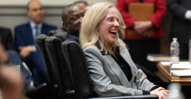 RICHMOND, VIRGINIA - MARCH 02: Gov. Abigail Spanberger laughs during the investiture ceremony of Chief Justice Cleo E. Powell in the chamber of the Supreme Court of Virginia, on March 2, 2026 in Richmond, Virginia. Powell is the first African-American woman Chief Justice of the Virginia Supreme Court. (Photo by Mike Kropf-Pool/Getty Images)