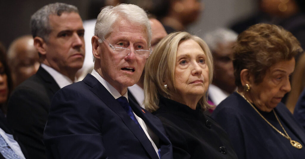 WASHINGTON, DC - MAY 14: Former U.S. President Bill Clinton and former U.S. Secretary of State Hillary Clinton attend the funeral service of former Labor Secretary Alexis Herman at the National Cathedral on May 14, 2025 in Washington, DC. Alexis Herman served as the 23rd Secretary of Labor from 1997 to 2001 under President Clinton and was the first Black woman to hold the position. (Photo by Kevin Dietsch/Getty Images)