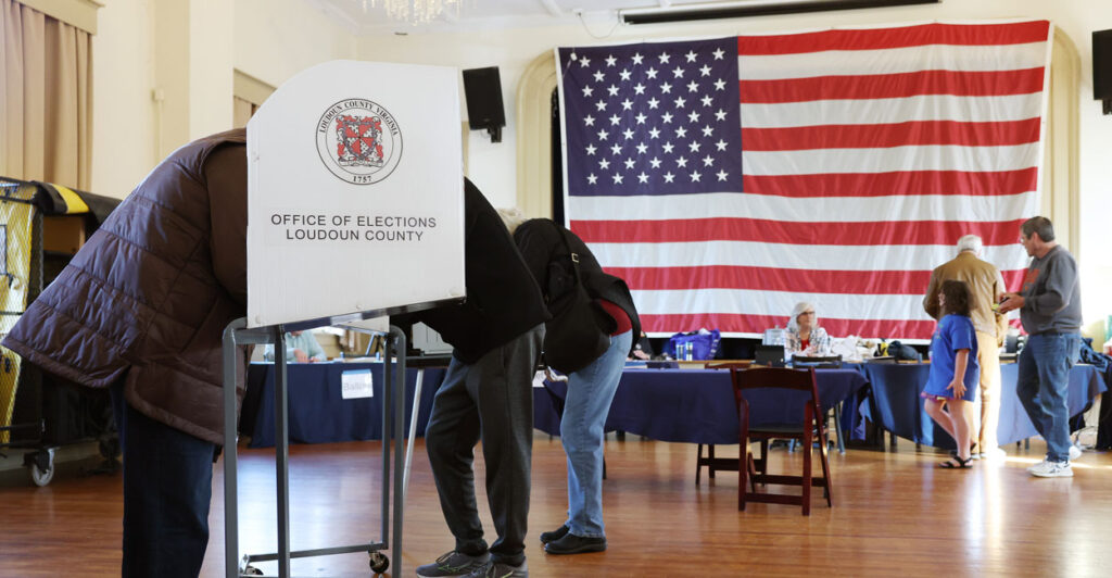 Voters fill out their ballots at a polling station in the Hillsboro Old Stone School on Nov. 04, 2025 in Hillsboro, Virginia.