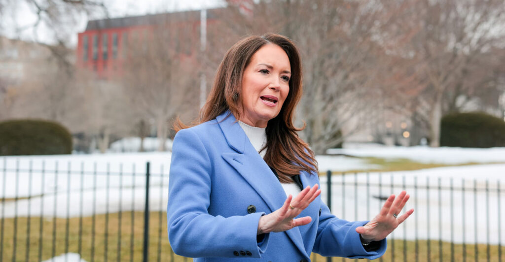 Agriculture Secretary Brooke Rollins speaks to reporters outside of the White House on Feb. 12, 2026 in Washington, DC.