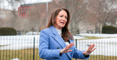 Agriculture Secretary Brooke Rollins speaks to reporters outside of the White House on Feb. 12, 2026 in Washington, DC.
