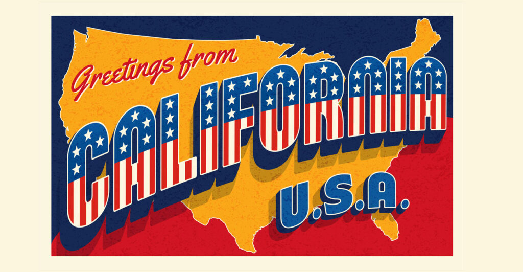 Greetings from California USA. Retro style postcard with patriotic stars and stripes lettering and United States map in the background.