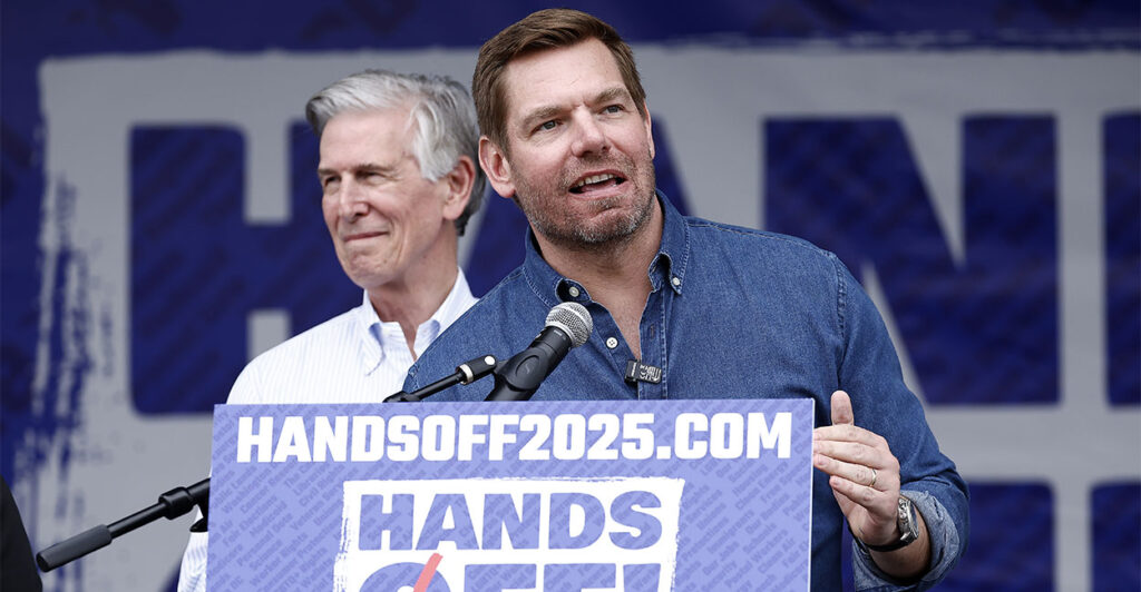 WASHINGTON, DC - APRIL 05: Rep. Eric Swalwell (D-CA) speaks during the Hands Off! day of action against the Trump administration and Elon Musk on April 05, 2025 in Washington, DC. (Photo by Paul Morigi/Getty Images for Community Change Action)