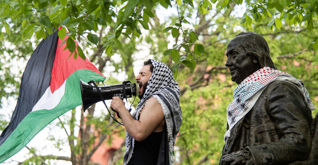 TOPSHOT - Pro-Palestinian students of Drexel University and the University of Pennsylvania demonstrate as they march from the City Hall to the University of Pennsylvania campus in Philadelphia on April 25, 2024. College campuses across the US braced for fresh protests by pro-Palestinian students, extending a week of increasingly confrontational standoffs with police, mass arrests and accusations of anti-Semitism. (Photo by Matthew Hatcher / AFP) (Photo by MATTHEW HATCHER/AFP via Getty Images)