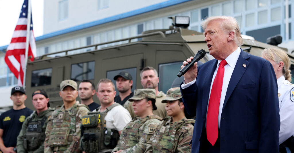 WASHINGTON, DC - AUGUST 21: U.S. President Donald Trump visits the U.S. Park Police Anacostia Operations Facility on August 21, 2025 in Washington, DC. The Trump administration has deployed federal officers and the National Guard to the District in order to place the DC Metropolitan Police Department under federal control and assist in crime prevention in the nation's capital. (Photo by Anna Moneymaker/Getty Images)